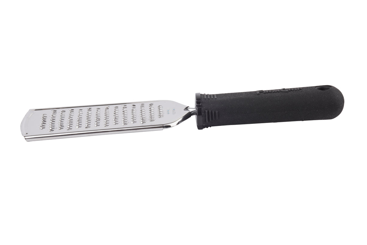 A stainless steel handheld grater with an ergonomic handle for comfort. The flat, rectangular surface features multiple small, sharp holes for easily grating or shredding cheese and vegetables. The textured black handle provides a secure grip.