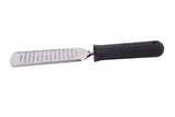 A stainless steel handheld grater with an ergonomic handle for comfort. The flat, rectangular surface features multiple small, sharp holes for easily grating or shredding cheese and vegetables. The textured black handle provides a secure grip.