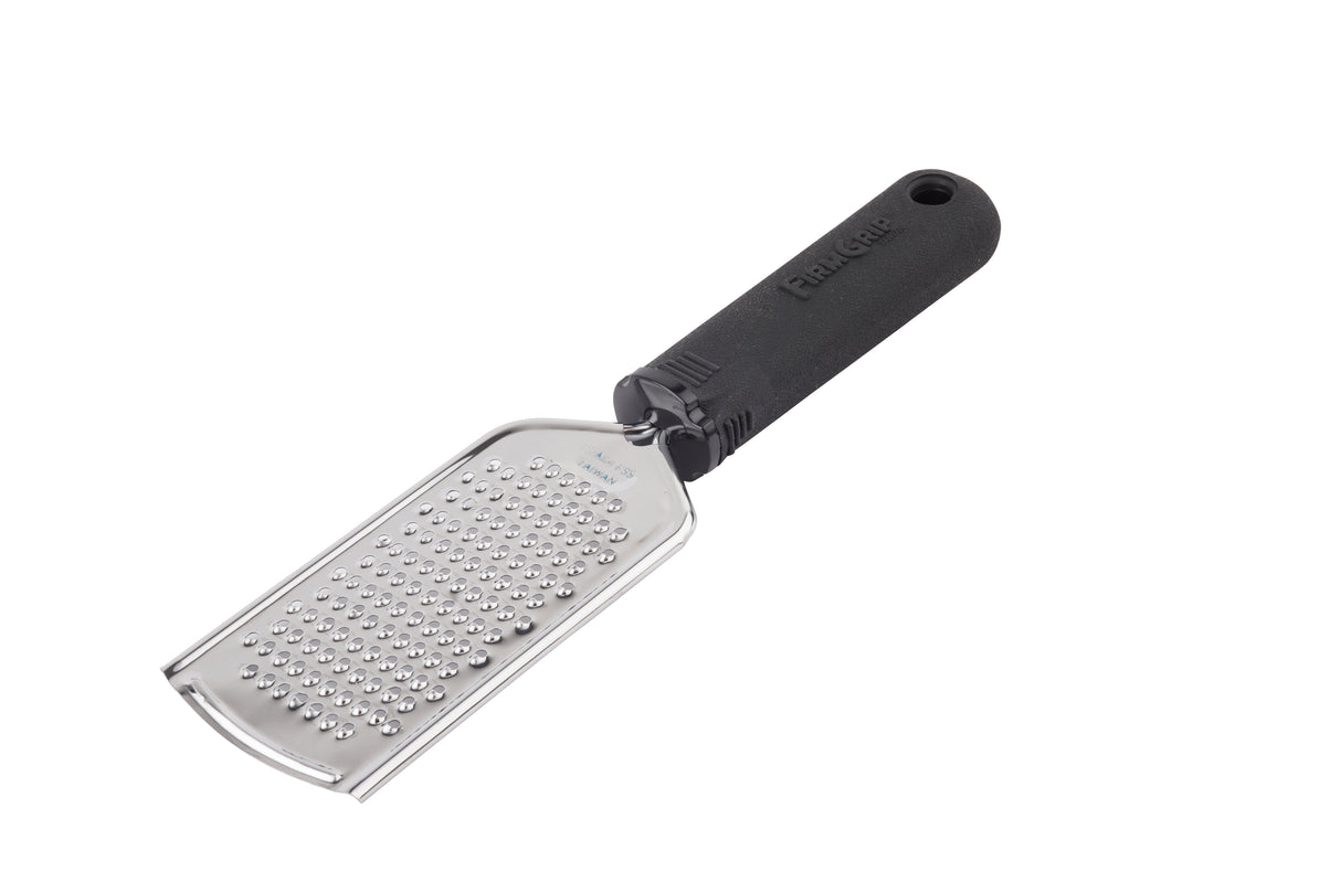 A stainless steel grater with a rectangular, flat grating surface and an ergonomic handle features small, raised holes for finely shredding food. The black handle includes a hanging hole at the end, set against a white background.
