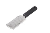 A stainless steel grater with a rectangular, flat grating surface and an ergonomic handle features small, raised holes for finely shredding food. The black handle includes a hanging hole at the end, set against a white background.