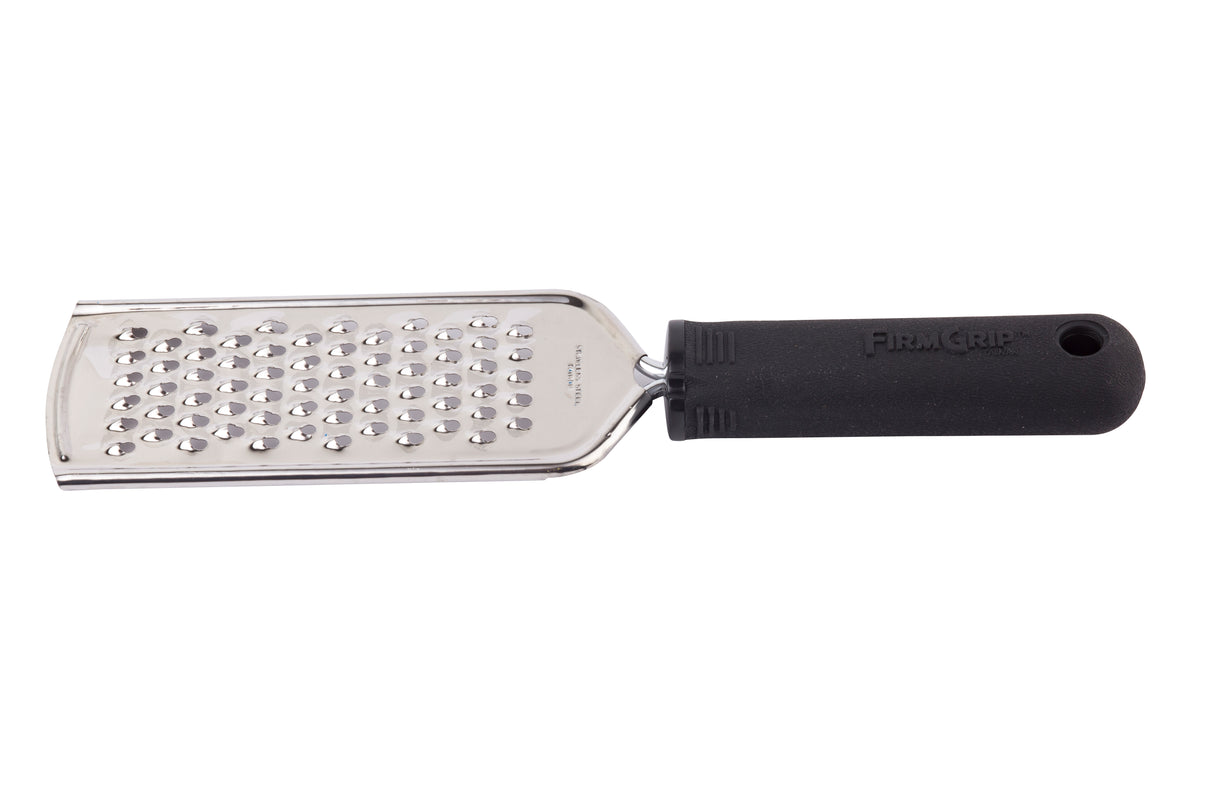 The FirmGrip Grater is a flat stainless steel grater with an ergonomic handle for comfort. Its oval holes shred cheese or veggies easily, and a hole at the end of the handle allows for simple hanging and storage.