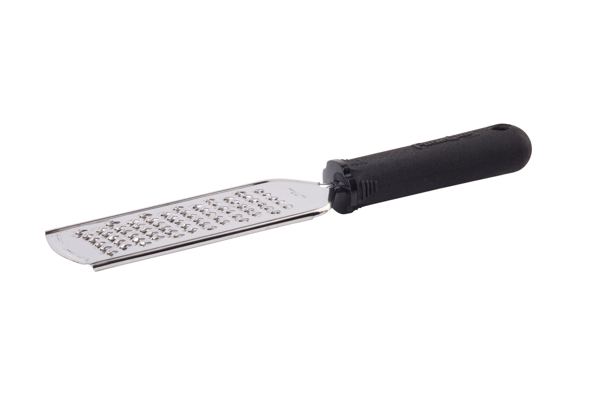 The FirmGrip Grater is a stainless steel grater with a rectangular surface, sharp raised holes for shredding cheese or zesting citrus, and a black ergonomic handle featuring a hole at the end for hanging storage.