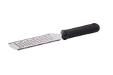 The FirmGrip Grater is a stainless steel grater with a rectangular surface, sharp raised holes for shredding cheese or zesting citrus, and a black ergonomic handle featuring a hole at the end for hanging storage.