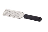 A stainless steel grater with a black, ergonomic handle labeled “FirmGrip Grater.” Featuring oval holes on a flat, rectangular blade and a hole at the handle’s end for hanging. The background is plain white.