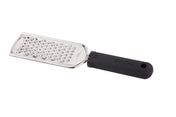 A stainless steel grater with a black, ergonomic handle labeled “FirmGrip Grater.” Featuring oval holes on a flat, rectangular blade and a hole at the handle’s end for hanging. The background is plain white.