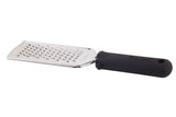 A metal handheld FirmGrip Grater featuring a rectangular stainless steel grater surface and an ergonomic handle labeled “FIRM GRIP.” The black rubberized handle has a hole for hanging, while sharp raised holes make grating food effortless.