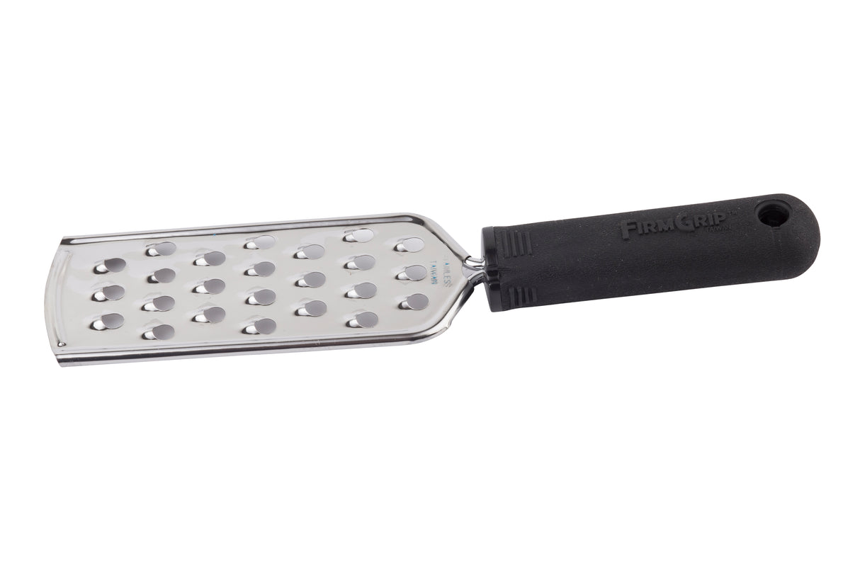A FirmGrip Grater with an ergonomic soft grip handle lies on a white background. This stainless steel grater features large, oval-shaped holes on a flat, rectangular surface securely attached to the comfortable black handle.