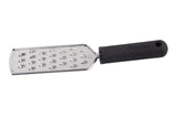 A FirmGrip Grater with an ergonomic soft grip handle lies on a white background. This stainless steel grater features large, oval-shaped holes on a flat, rectangular surface securely attached to the comfortable black handle.