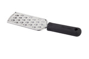 A handheld FirmGrip Grater with a rectangular stainless steel grating surface and large holes, featuring an ergonomic soft grip handle labeled “FIRM GRIP.” The handle includes a hanging hole. Set against a white background.