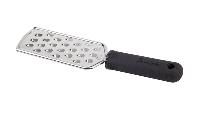 A handheld FirmGrip Grater with a rectangular stainless steel grating surface and large holes, featuring an ergonomic soft grip handle labeled “FIRM GRIP.” The handle includes a hanging hole. Set against a white background.