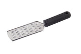 A stainless steel grater with an ergonomic soft grip handle labeled FirmGrip Grater. It features medium-sized oval holes, a black textured handle for comfort, and a hanging hole at the end. The background is plain white.