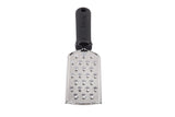 A handheld FirmGrip Grater with an ergonomic soft grip handle. This stainless steel grater features large, round holes and a slightly curved, rectangular blade. The black handle includes a hole at the top for hanging. Background is white.