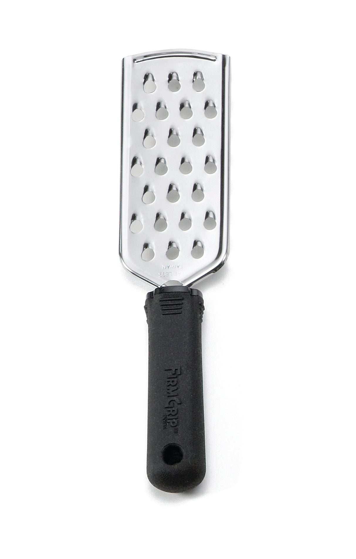 A stainless steel flat cheese grater with a black, textured ergonomic handle. The grater features large oval holes and a rectangular metal body, ideal for grating cheese or vegetables. Photographed on a white background.