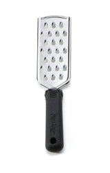 A stainless steel flat cheese grater with a black, textured ergonomic handle. The grater features large oval holes and a rectangular metal body, ideal for grating cheese or vegetables. Photographed on a white background.