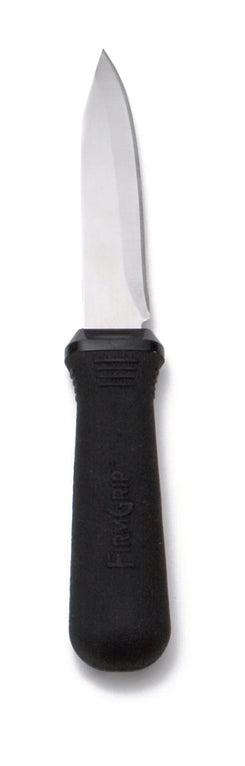 A FirmGrip Paring Knife with a pointed, single-edged stainless steel blade and an ergonomic, textured black plastic handle. The knife stands vertically with the blade pointing upward against a white background.