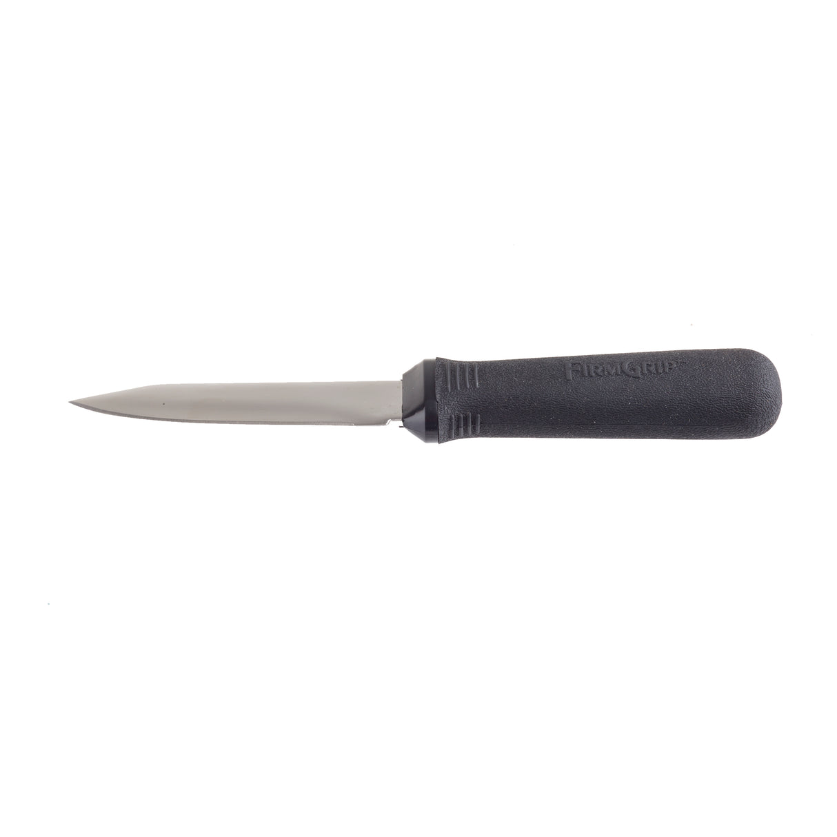 A stainless steel oyster knife with a short, pointed blade and an ergonomic handle. The black, textured grip ensures security, while the narrow blade tapers to a sharp tip. The cylindrical handle offers comfort and control. Background is plain white.