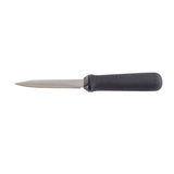 A stainless steel oyster knife with a short, pointed blade and an ergonomic handle. The black, textured grip ensures security, while the narrow blade tapers to a sharp tip. The cylindrical handle offers comfort and control. Background is plain white.