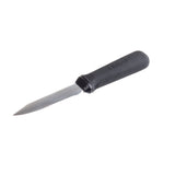 A metal oyster knife with a short, pointed stainless steel blade and a textured black plastic handle lies on a white background. The narrow blade and ergonomic handle provide a secure grip for effortless oyster shucking.