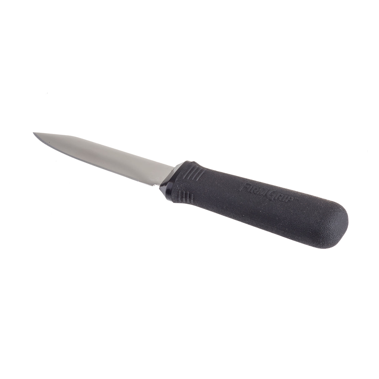 A stainless steel oyster knife with a pointed, short blade and a textured, black rubber ergonomic handle labeled Flex Grip. Its thick, rounded shape ensures a secure grip for shucking oysters. The knife is photographed on a white background.