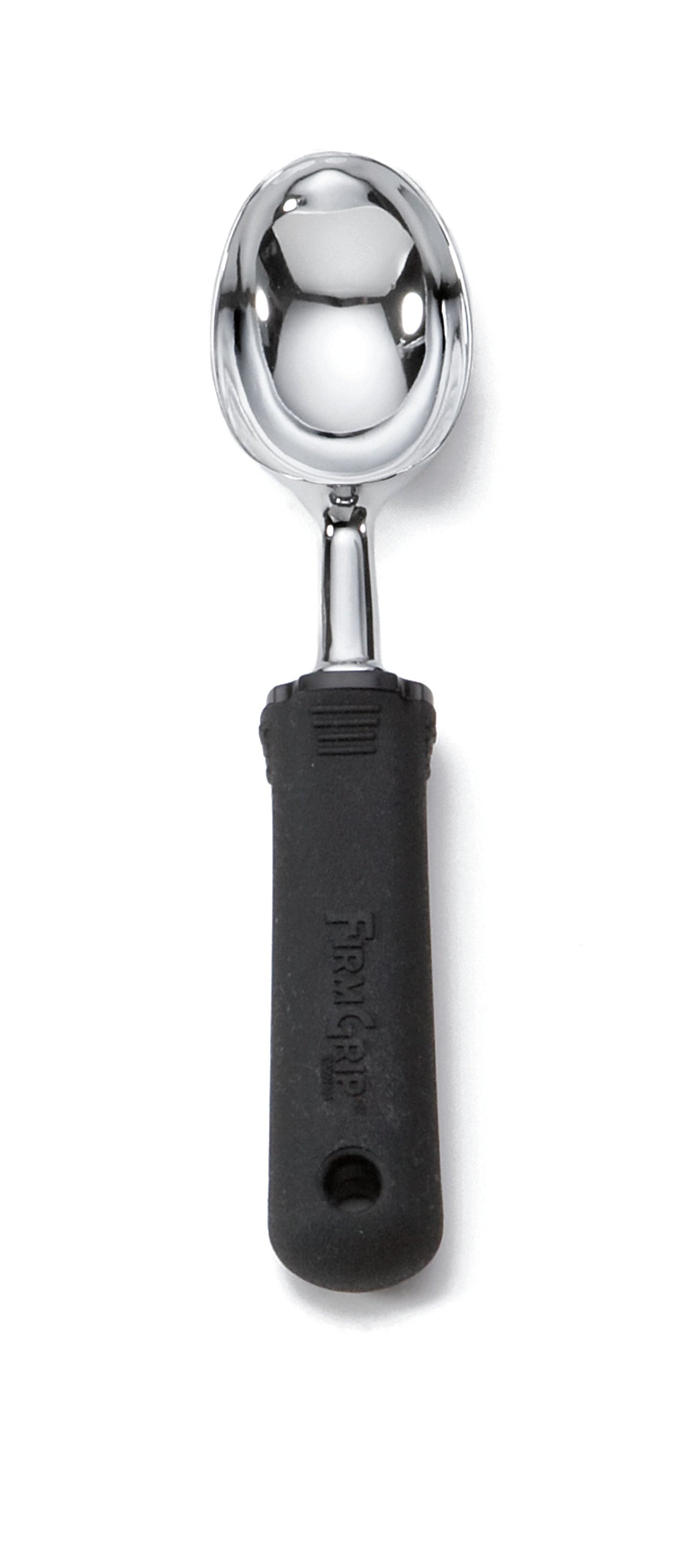 A shiny stainless steel ice cream disher with a round, deep bowl and a thick, black ergonomic handle is shown against a white background. The handle features a textured grip and the brand name “Zeroll” embossed on it.