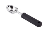 A shiny stainless steel ice cream disher with a deep, rounded bowl and a black, textured ergonomic handle labeled FIRM GRIP. The handle has a hole at the end for hanging. The scoop is positioned diagonally on a white background.