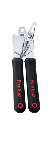 A stainless steel can opener with two black, rubber-coated handles labeled FIRM GRIP in red. This ergonomic can opener features a rotating cutting wheel and serrated gripping wheel, designed for opening tin cans. The handles are parallel on a white background.
