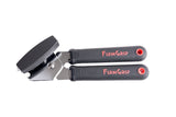 A black and silver FirmGrip Hand Can Opener with ergonomic black handles labeled FIRM GRIP in red text. The textured grips and stainless steel cutting wheel ensure comfort and durability, with holes at the ends, all shown against a white background.