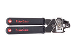 A black-handled FirmGrip Hand Can Opener with FIRM GRIP printed in red on both parallel handles. The stainless steel can opener’s cutting mechanism, with visible gears and a rotating blade, is clearly shown on the right side.