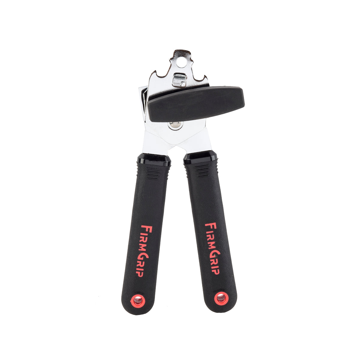A FirmGrip Hand Can Opener with two black handles labeled FIRM GRIP in red. The ergonomic can opener features a visible stainless steel cutting mechanism and turning knob at the top, all set against a plain white background.