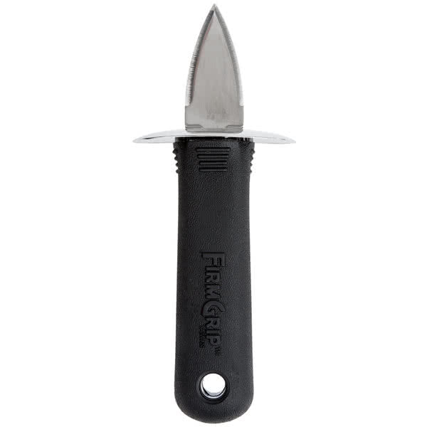 A French style Oyster Shucker featuring a short, triangular blade and an ergonomic handle labeled FIRM GRIP. The textured grip and metal guard between blade and handle ensure safety and comfort while shucking oysters.
