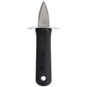 A French style Oyster Shucker featuring a short, triangular blade and an ergonomic handle labeled FIRM GRIP. The textured grip and metal guard between blade and handle ensure safety and comfort while shucking oysters.