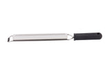 A stainless steel Microplane grater with a rectangular grating surface, black ergonomic handle, and hanging hole. Designed for zesting or finely grating cheese, citrus, or spices. Conveniently dishwasher safe for easy cleaning.