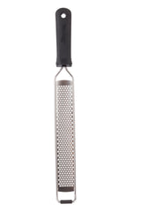 A metal Microplane Grater with a long, rectangular grating surface and an ergonomic handle. The fine, sharp holes are perfect for zesting or grating, and the handle features a hanging hole at the top. Dishwasher safe for easy cleaning.