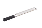 A metal Microplane Grater with a black, ergonomic handle and a rectangular, flat grating surface. The handle has a hole for hanging, and the grater is dishwasher safe—ideal for zesting or finely grating cheese or citrus peel.
