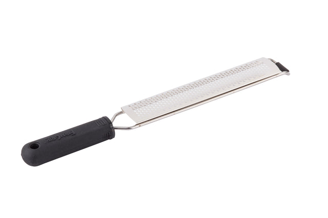A metal Microplane Grater with a black, ergonomic handle and a rectangular, flat grating surface. The handle has a hole for hanging, and the grater is dishwasher safe—ideal for zesting or finely grating cheese or citrus peel.