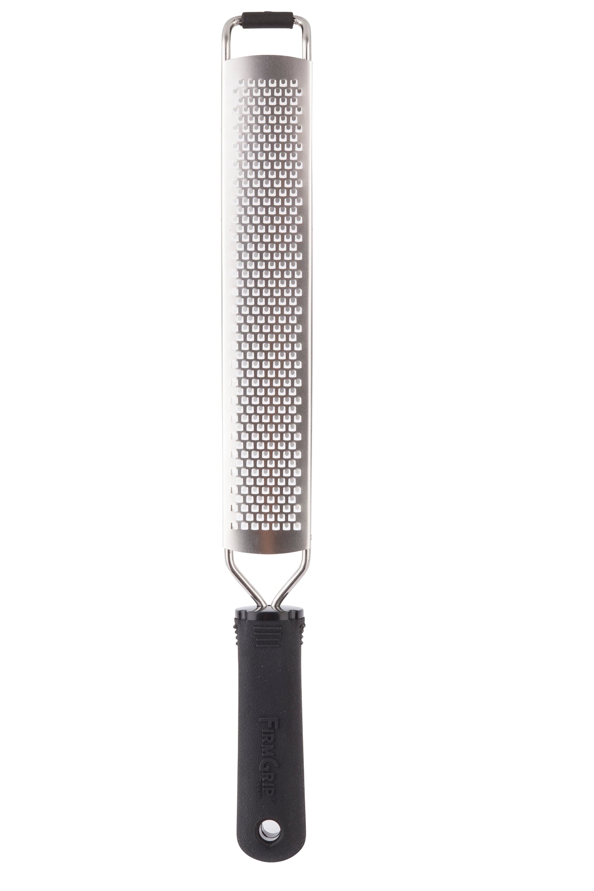 A long, narrow Microplane Grater with a fine grating surface, an ergonomic handle in black plastic, and a small hanging hole at the end. Ideal for zesting citrus or grating hard foods like cheese or nutmeg. The background is white.