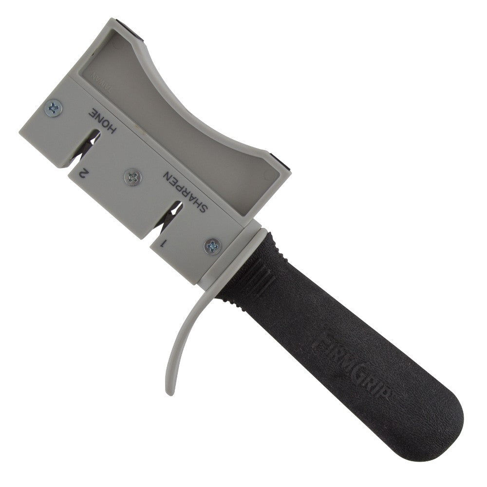 The FirmGrip Hand Held Sharpener by TableCraft features a black textured handle, a gray sharpening head with “1 SHARPEN” and “2 HONE” slots, and a curved guard for protection. Its design is dishwasher safe for easy cleaning.