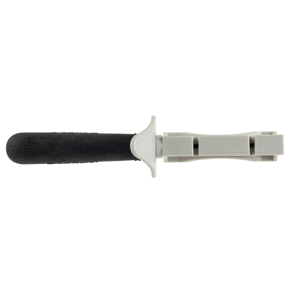 A black-handled FirmGrip Hand Held Sharpener with a white plastic guard and rectangular clamp, shown on a white background. The textured handle ensures grip, while the simple, functional clamp design is dishwasher safe for easy cleaning.
