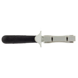 A black-handled FirmGrip Hand Held Sharpener with a white plastic guard and rectangular clamp, shown on a white background. The textured handle ensures grip, while the simple, functional clamp design is dishwasher safe for easy cleaning.