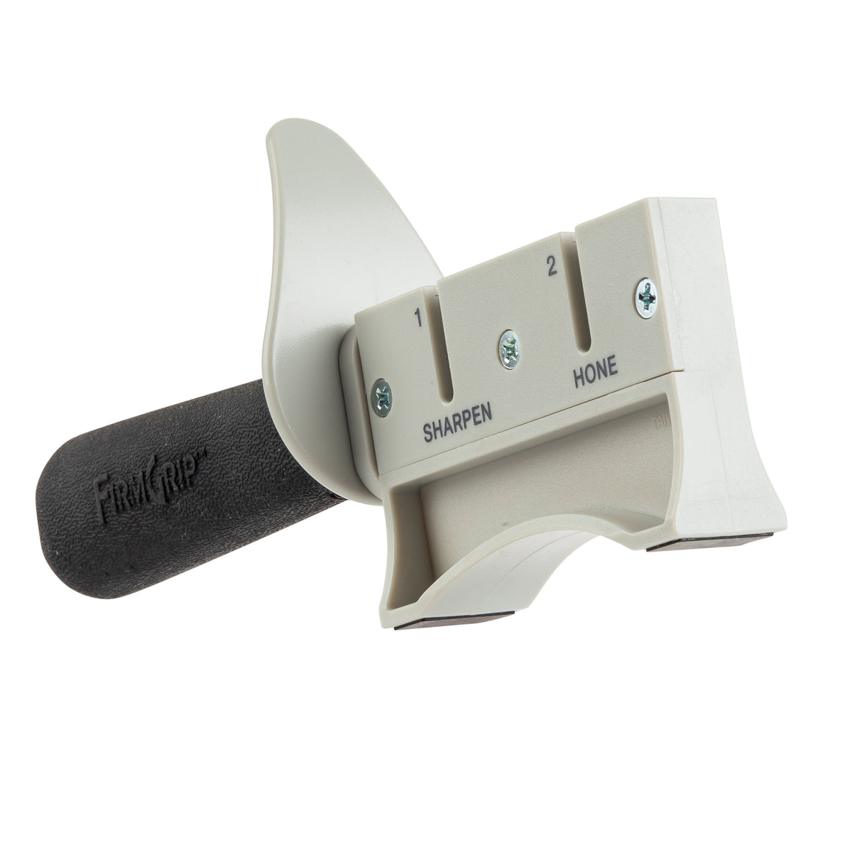 The TableCraft FirmGrip Hand Held Sharpener features SHARPEN and HONE slots, a grey plastic guard, textured black handle marked FIRM GRIP, and visible screws. This angled device is sturdy and dishwasher safe for easy cleaning.
