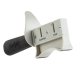 The TableCraft FirmGrip Hand Held Sharpener features SHARPEN and HONE slots, a grey plastic guard, textured black handle marked FIRM GRIP, and visible screws. This angled device is sturdy and dishwasher safe for easy cleaning.