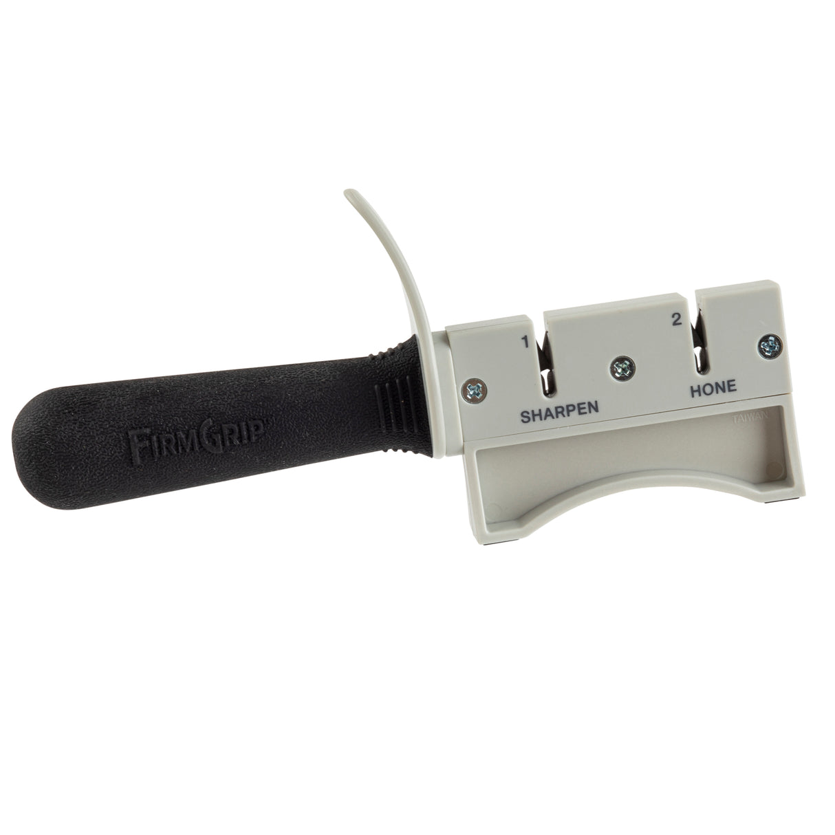 The FirmGrip Hand Held Sharpener by TableCraft features a black handle, safety guard, and two slots labeled 1 Sharpen and 2 Hone. Its durable design is dishwasher safe for easy cleaning and convenience.