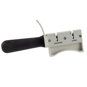 The FirmGrip Hand Held Sharpener by TableCraft features a black handle, safety guard, and two slots labeled 1 Sharpen and 2 Hone. Its durable design is dishwasher safe for easy cleaning and convenience.