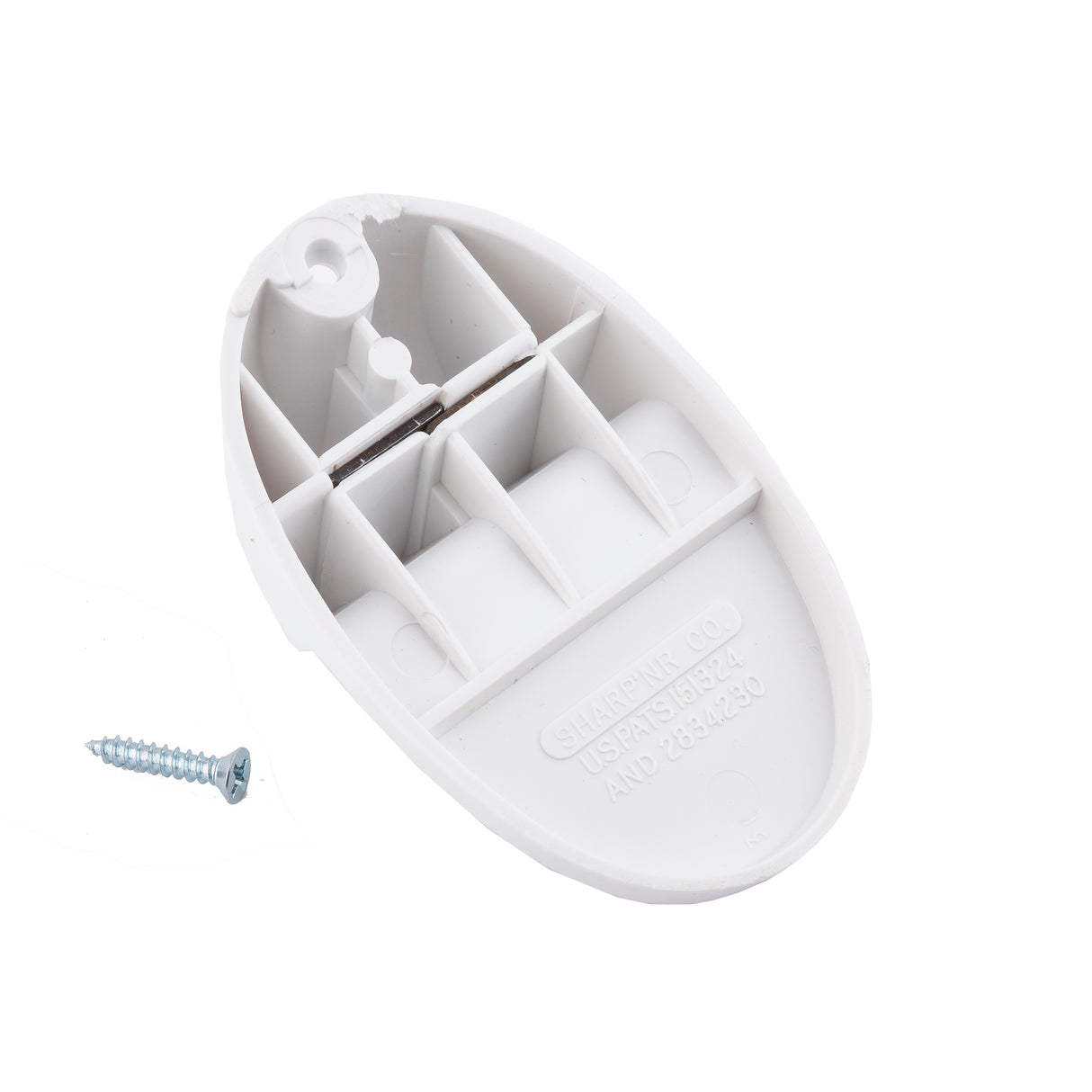 A white oval-shaped plastic wall bracket with support ridges and a screw hole at one end, shown from the back, ideal for organizing accessories like the TableCraft knife sharpener. A metallic screw is placed beside it on a white background.