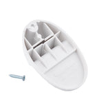 A white oval-shaped plastic wall bracket with support ridges and a screw hole at one end, shown from the back, ideal for organizing accessories like the TableCraft knife sharpener. A metallic screw is placed beside it on a white background.