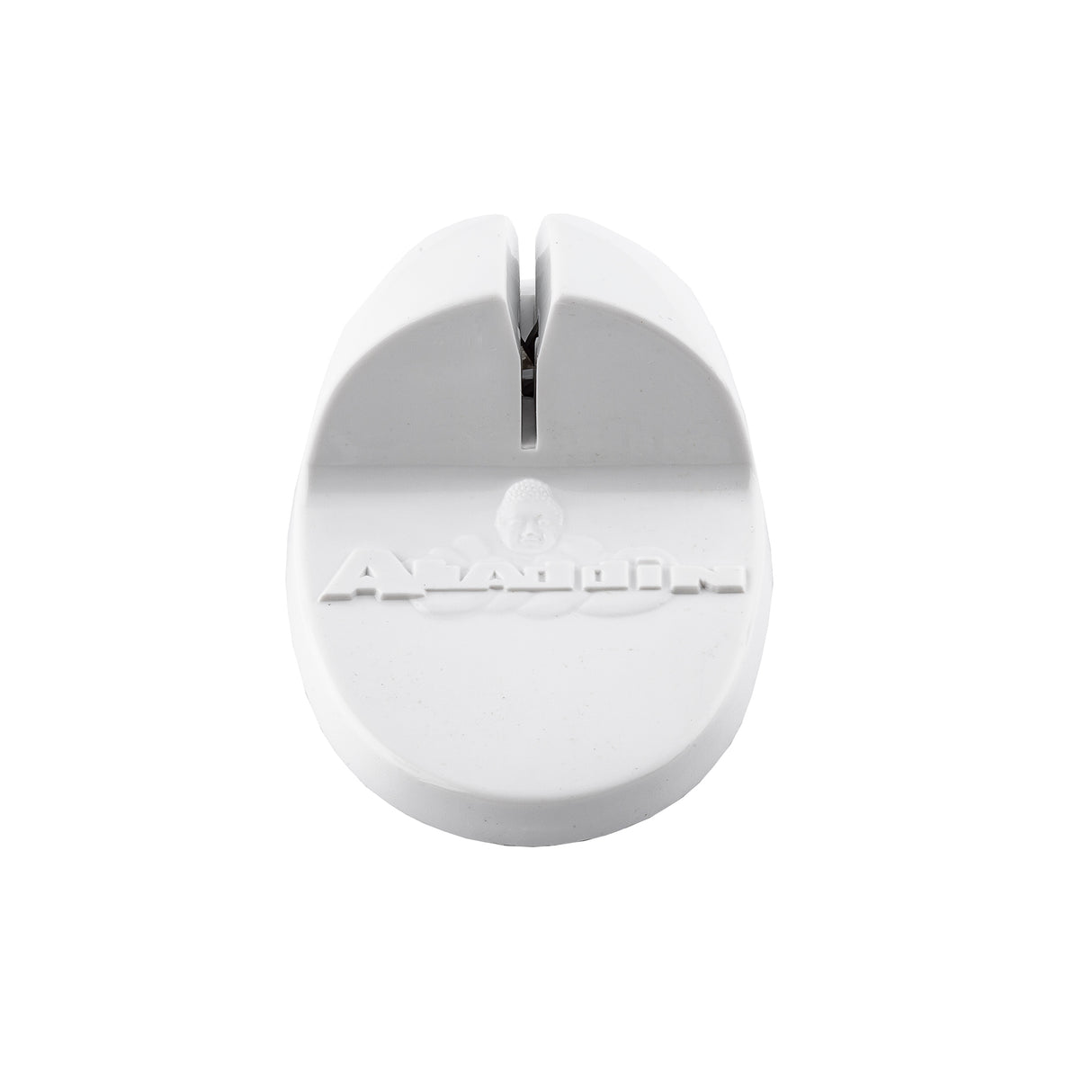 A white, oval-shaped plastic device with a central groove and the word “Avalon” embossed on the front, resembling a TableCraft Knife Sharpener, photographed against a plain white background.