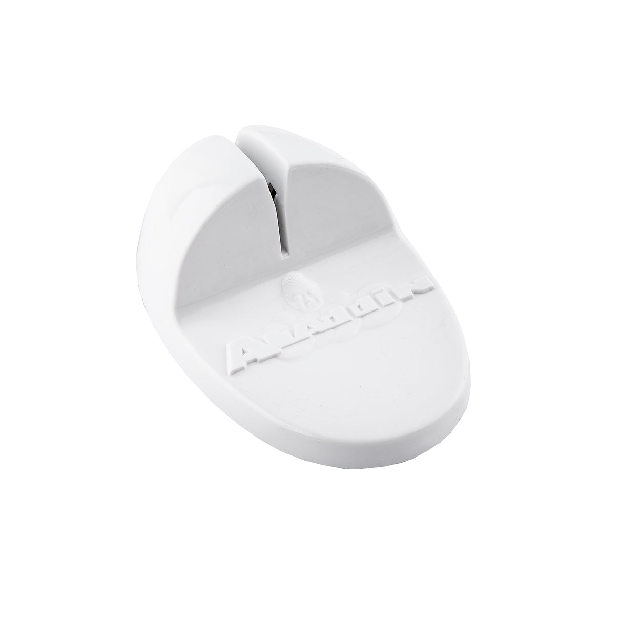 A white, rounded FirmGrip Knife Sharpener with a single slot and slightly raised sides. The word AMARULLI is embossed on its surface. The background is plain white, highlighting the sharpener's simple and compact design.