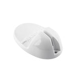 A white, oval-shaped plastic object resembling a TableCraft Knife Sharpener, with a raised groove running down the center and ALVAR embossed on top. A small hole near one end suggests easy mounting. The surface is smooth and glossy against a plain white background.