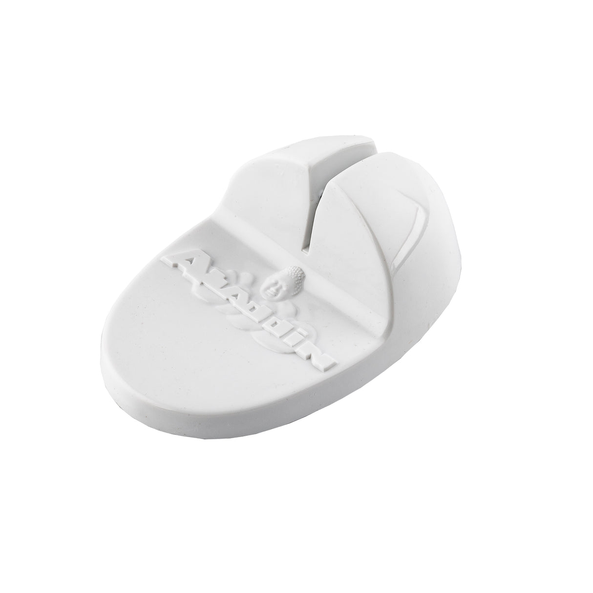 A white, oval-shaped chalk holder with a grooved slot for holding chalk. Its smooth surface features raised text that reads AVADIN, similar to the textured grip found on some TableCraft FirmGrip Aladdin knife sharpeners.