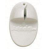 Oval-shaped white plastic object with a notch at the top and a raised section in the center. The word Aladdin is embossed below the raised area, identifying it as a FirmGrip Aladdin Knife Sharpener by TableCraft. Small hole near top for hanging.
